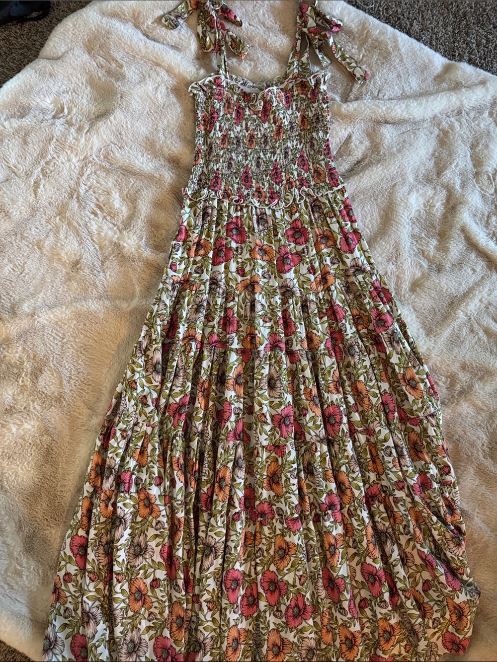 Smocked Floral Maxi Dress with Tie Straps - Cream, Pink & Orange